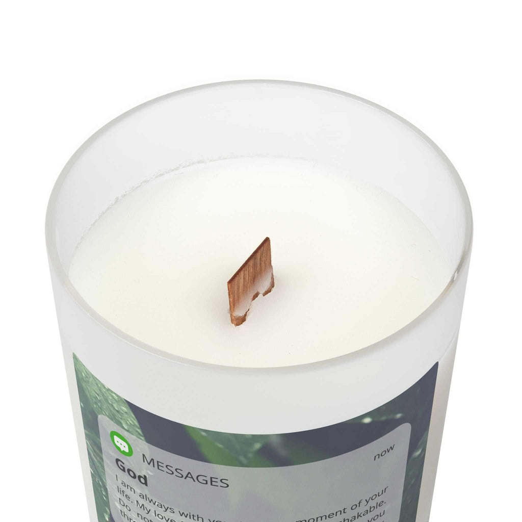 Divine Message glass candle with coconut soy wax, wooden wick, frosted glass and maple lid, natural off-white color, 50-hour burn time