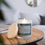 Divine Message glass candle with wooden wick, coconut soy wax, frosted glass, maple lid, 50-hour burn time, inspirational message label