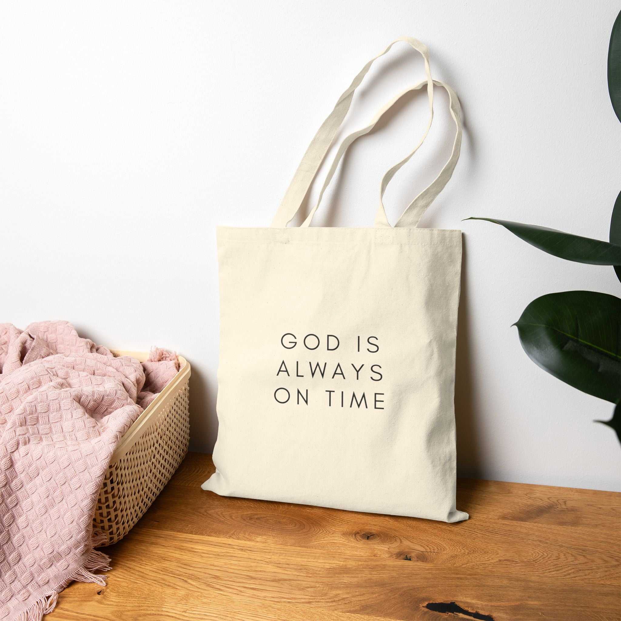 Divine Timing Tote Bag with "God is Always on Time" text