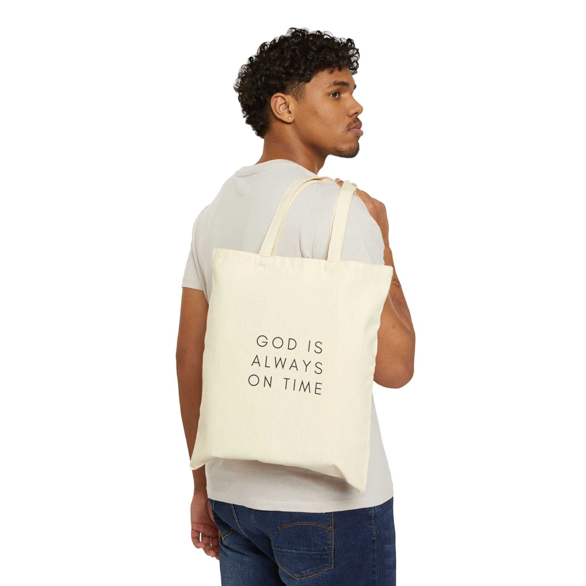 Divine Timing Tote Bag with "God is always on time" printed