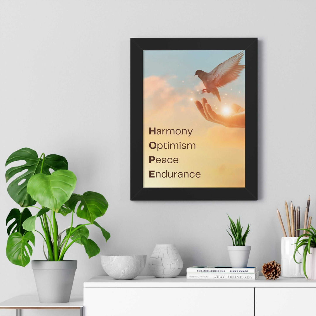 Framed Essence of Hope poster with dove and uplifting words Harmony, Optimism, Peace, Endurance on matte paper in modern home decor setting