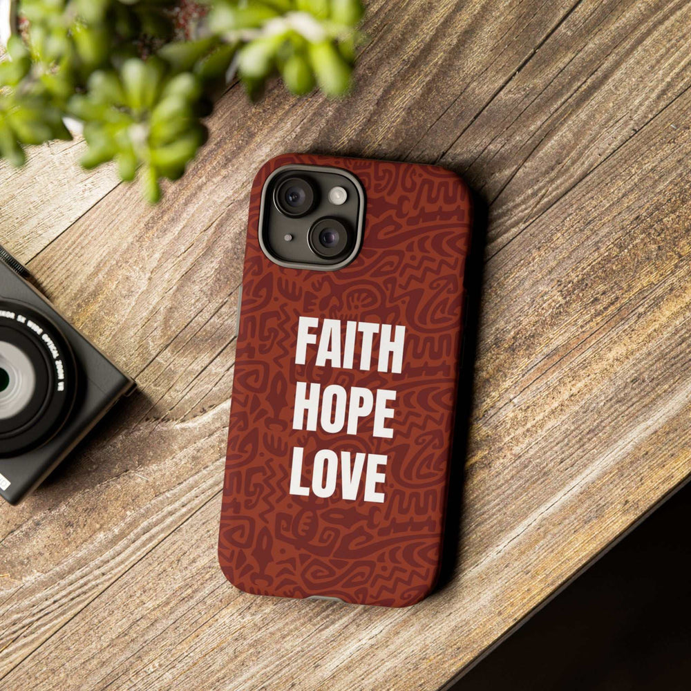 Ethnic phone case dual layer protection on wooden surface