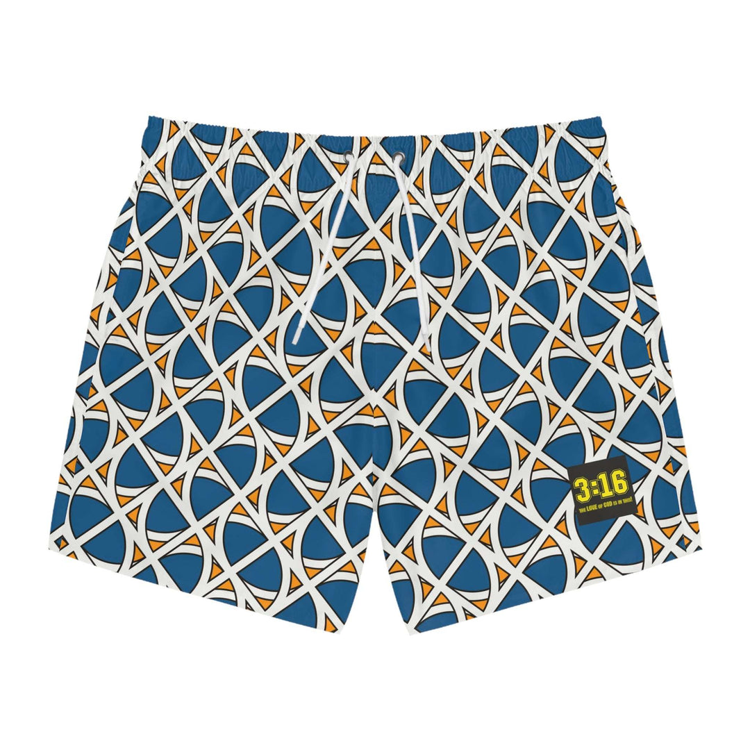 Ethnic swim trunks with blue, white, and orange geometric pattern