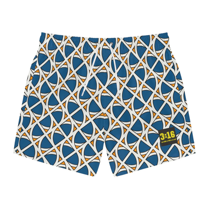 Ethnic swim trunks with blue, white, and orange geometric pattern