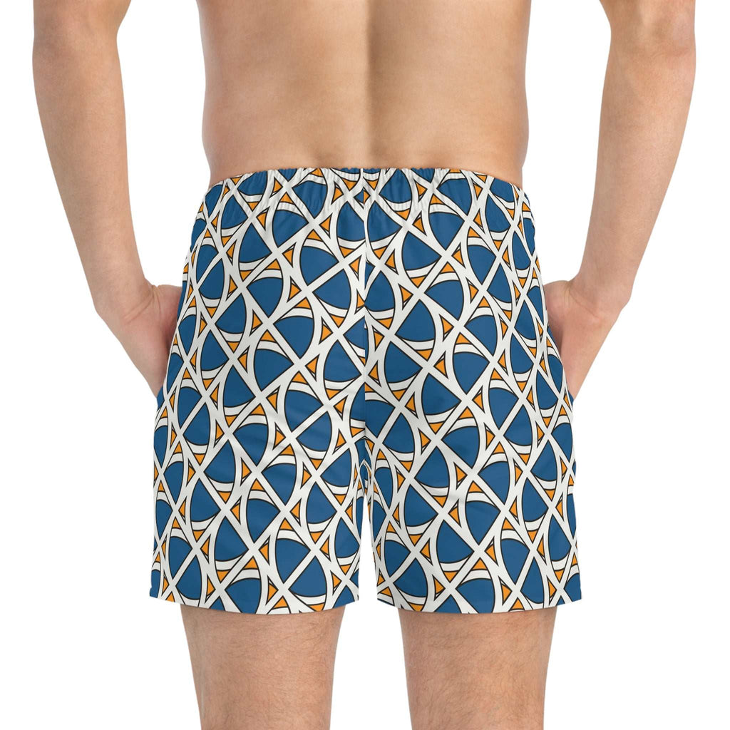Ethnic swim trunks with geometric pattern and drawstring waist