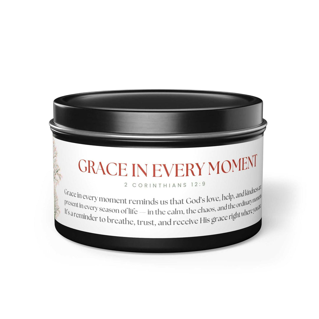 Everyday Grace Tin Candle in black tin with inspirational text