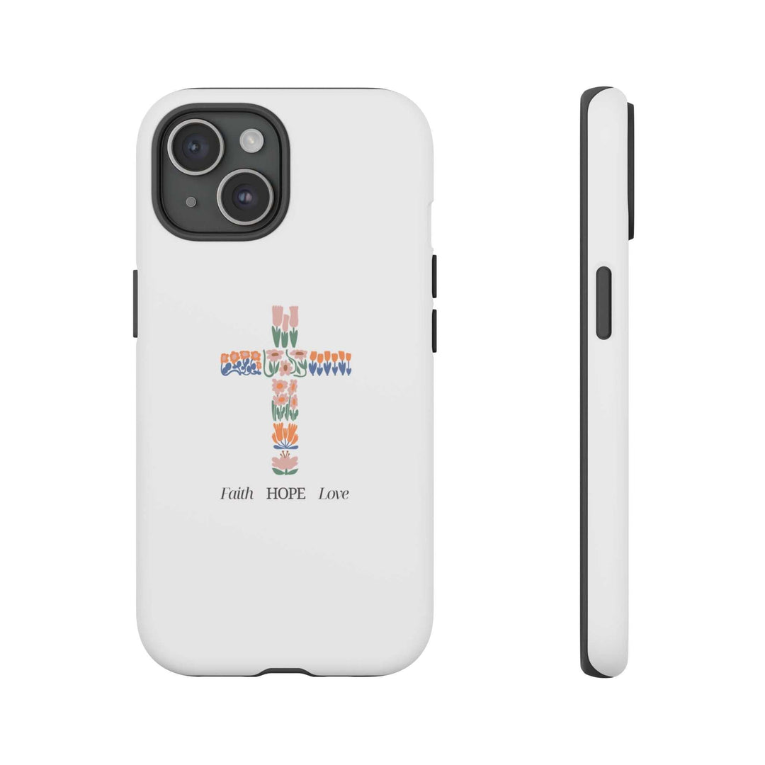 White Faith-Hope-Love phone case with floral cross design, durable dual-layer protection, and matte finish.