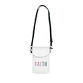 White Faith Cell Phone Wallet with detachable black faux leather strap and flip-up compartments
