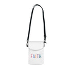 White Faith Cell Phone Wallet with detachable black faux leather strap and flip-up compartments