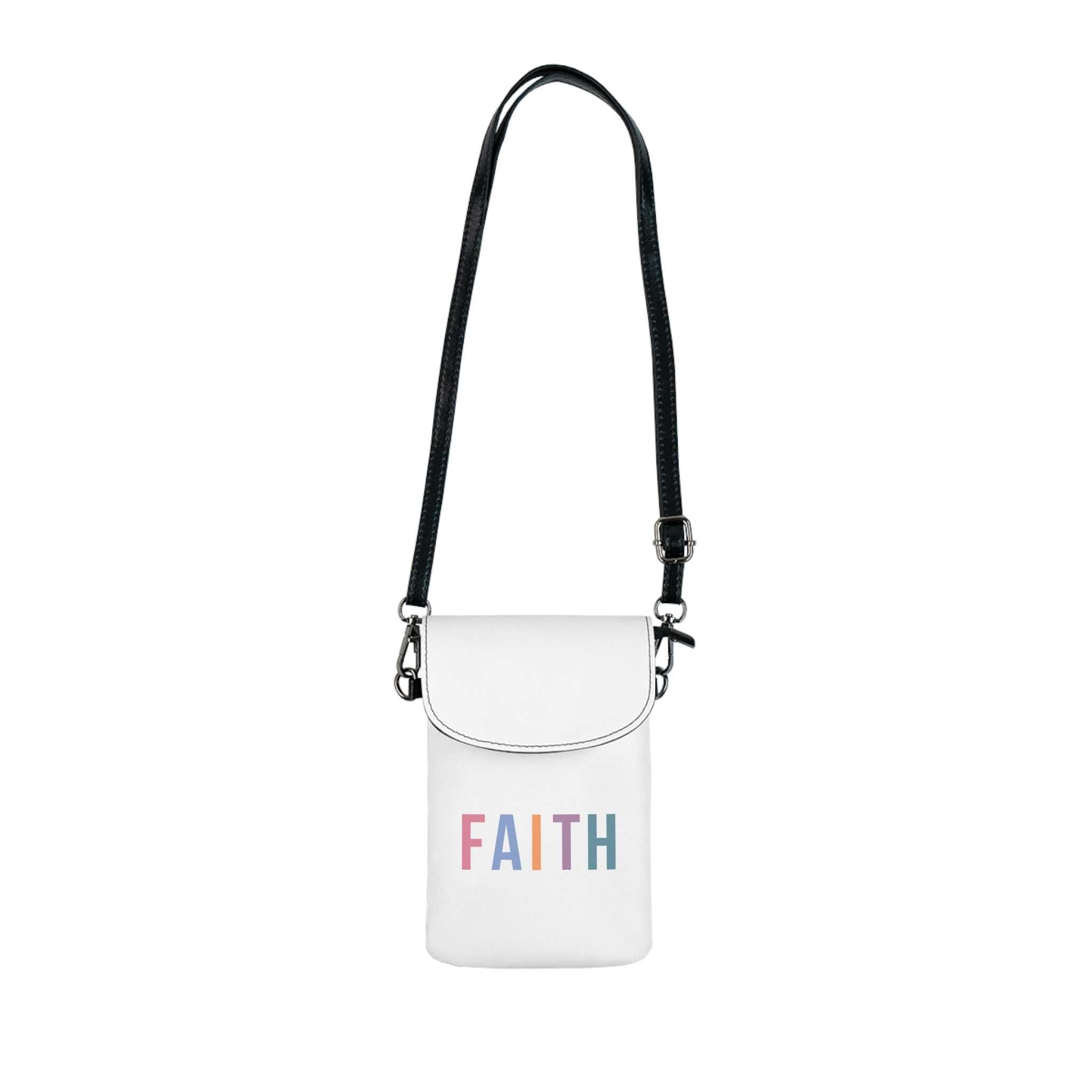 White Faith Cell Phone Wallet with detachable black faux leather strap and flip-up compartments