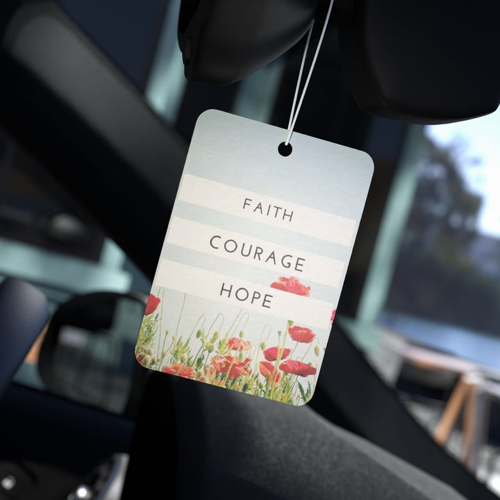 Faith Courage Hope car air freshener hanging in car with floral design