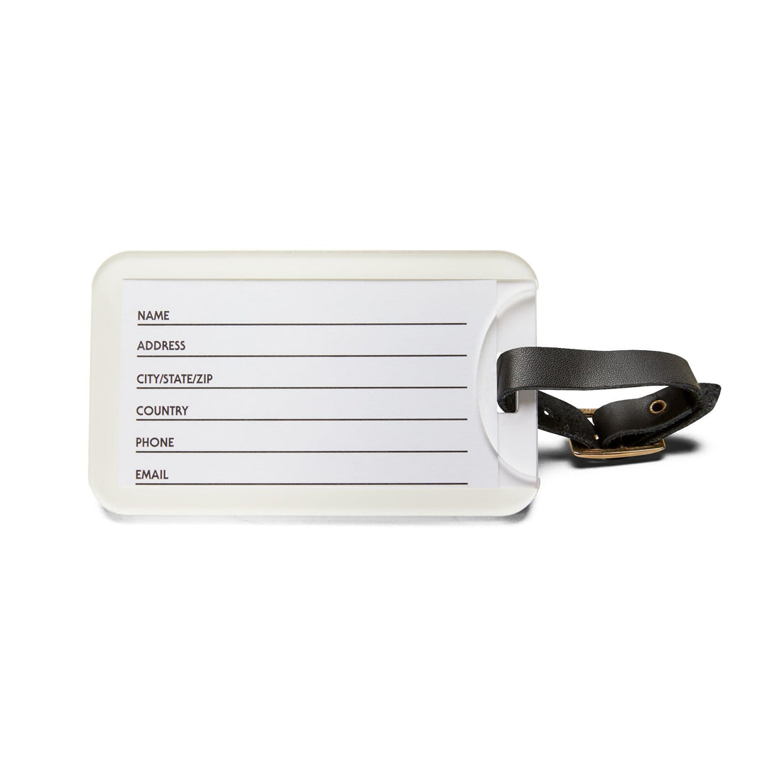 Durable acrylic luggage tag with adjustable leather strap and personal information card slot.