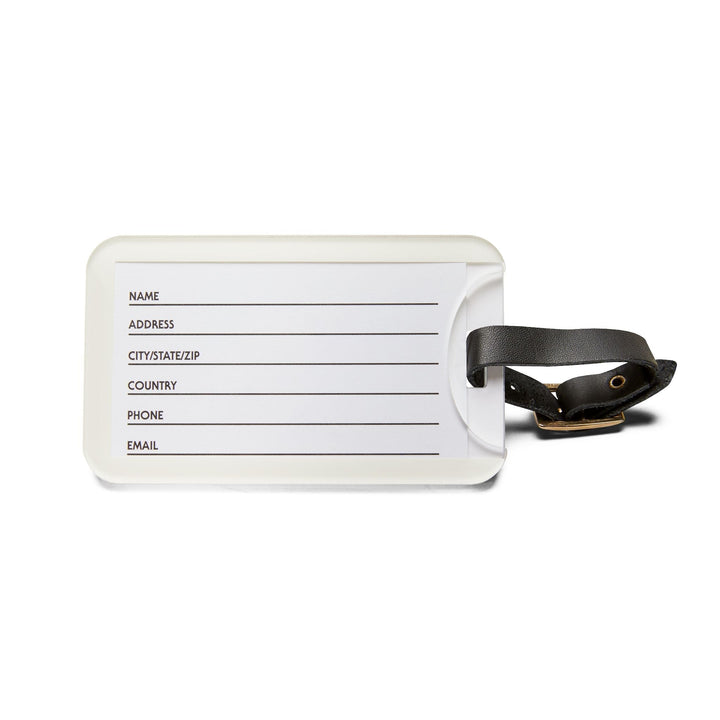 Durable acrylic luggage tag with adjustable leather strap and personal information card slot.