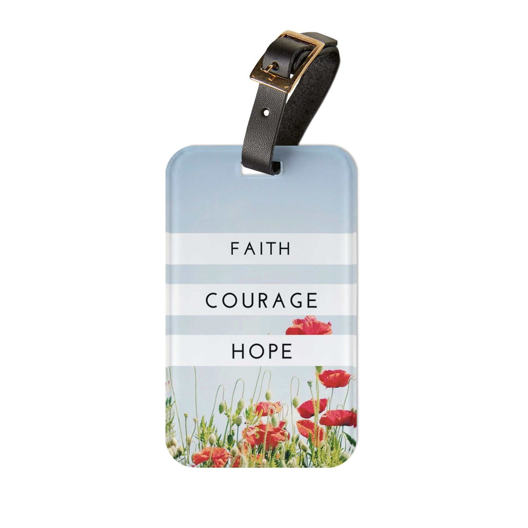 Faith Courage Hope luggage tag with floral design and adjustable leather strap