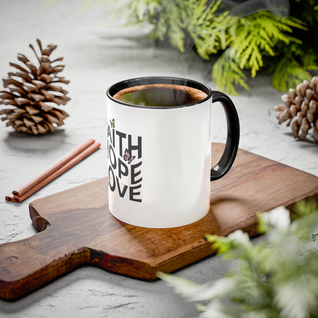 Faith Hope Love Mug white ceramic with black handle