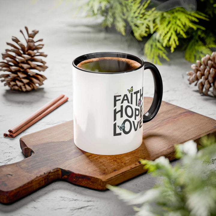 Faith Hope Love Mug white ceramic with black handle and interior