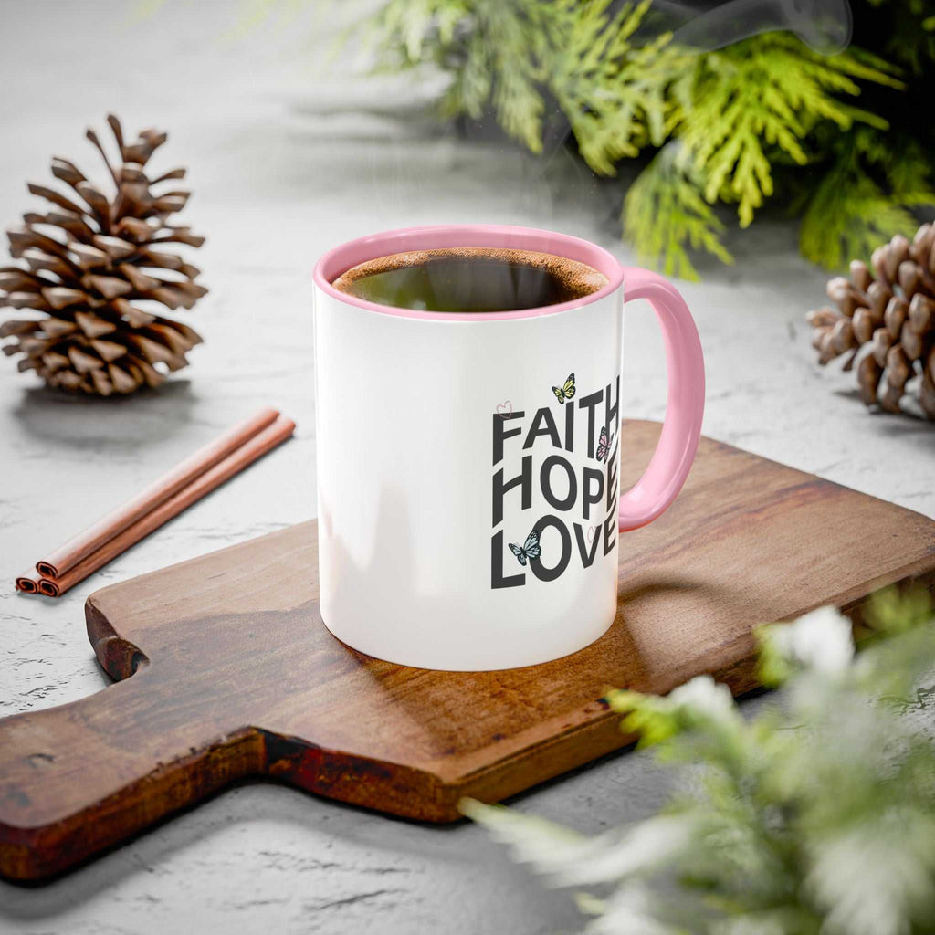 Faith Hope Love Mug white ceramic with pink handle and interior