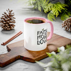 Faith Hope Love Mug white ceramic with pink handle and interior