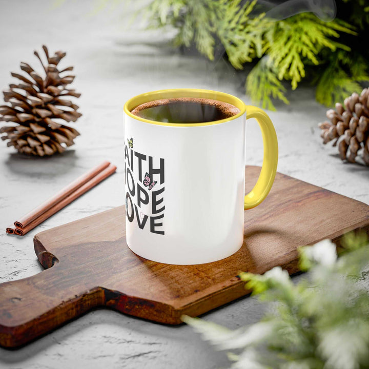 Faith Hope Love Mug white ceramic with yellow handle and interior