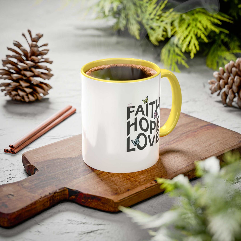 Faith Hope Love Mug with yellow handle and interior, 11oz