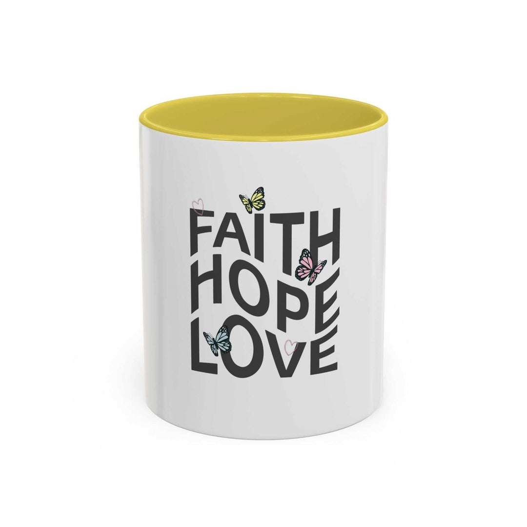 Faith Hope Love mug with butterflies, yellow interior, glossy ceramic