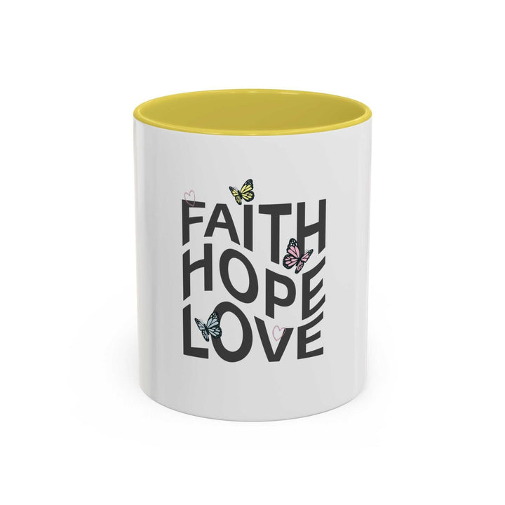 Faith Hope Love mug with butterflies, yellow interior, glossy ceramic