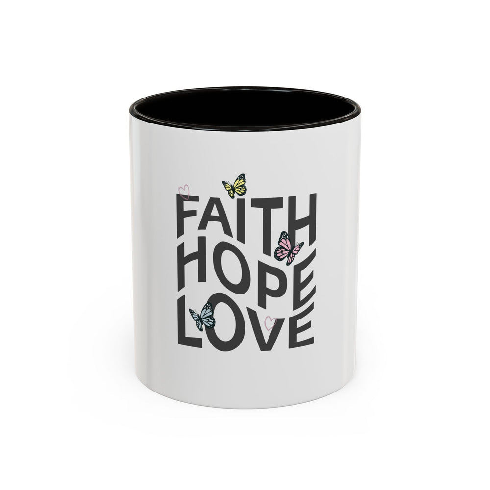 Faith Hope Love mug with butterfly design and black interior and handle