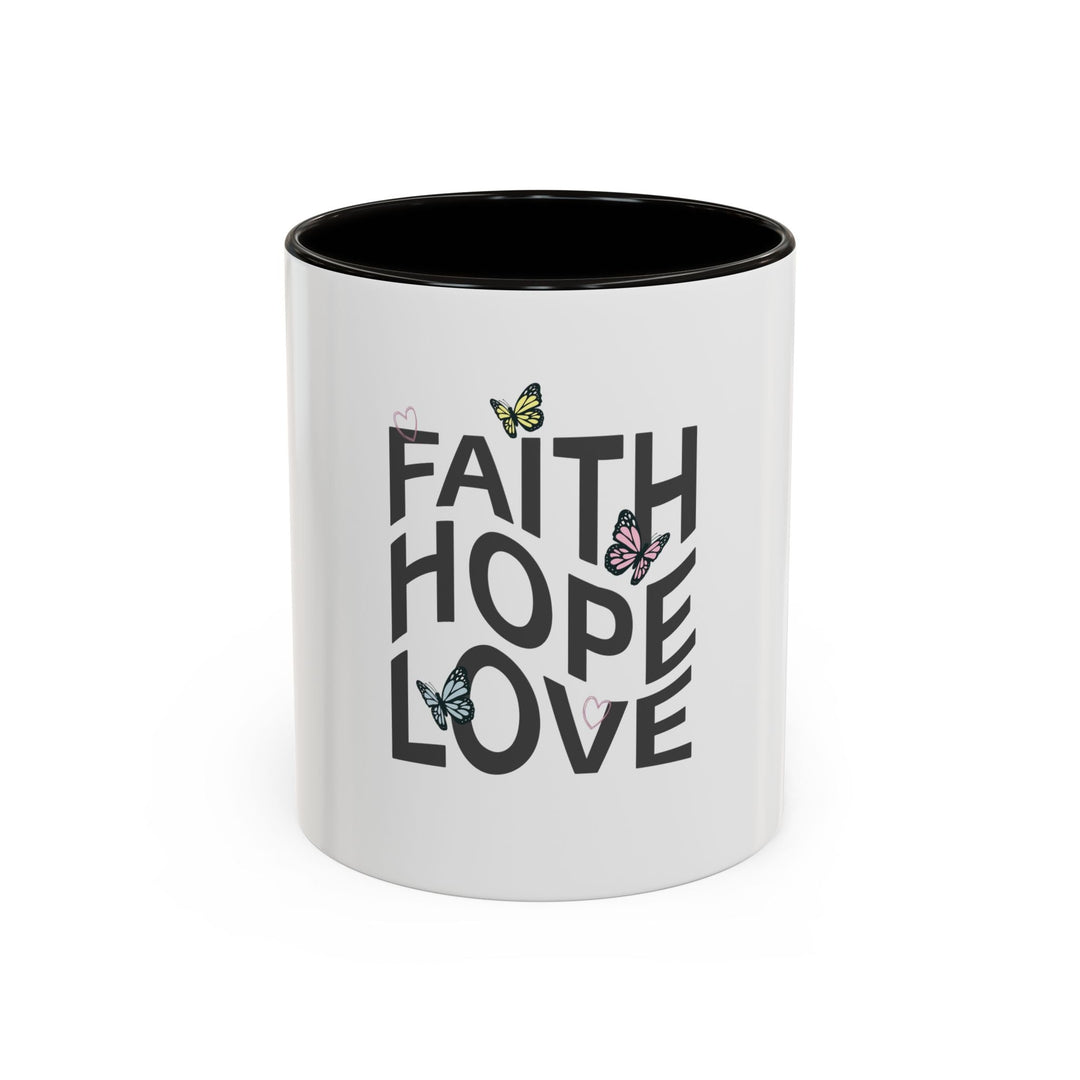 Faith Hope Love mug with butterfly design and black interior and handle