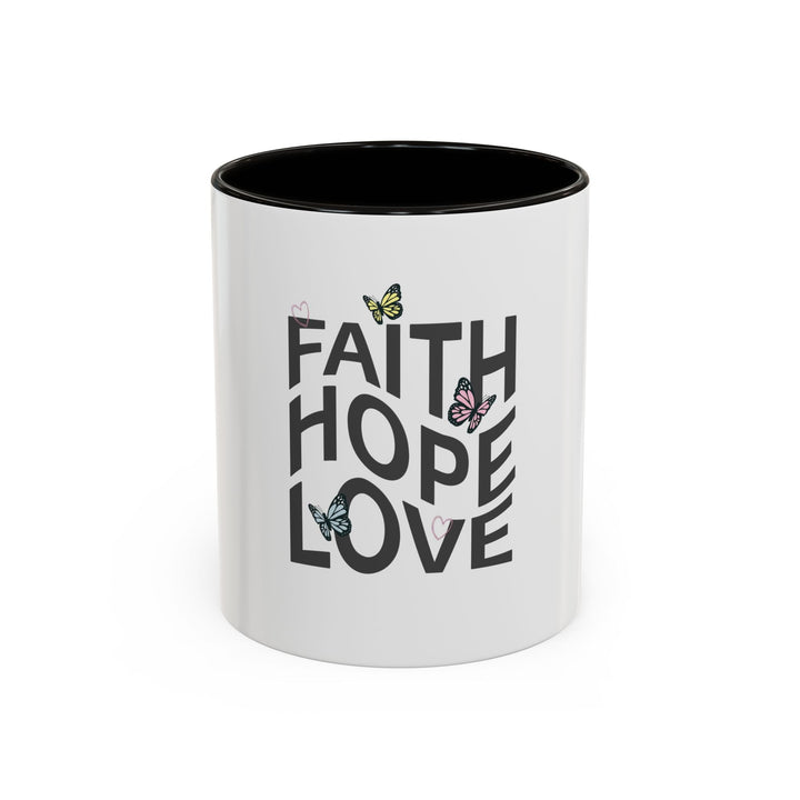 Faith Hope Love mug with butterfly design and black interior and handle