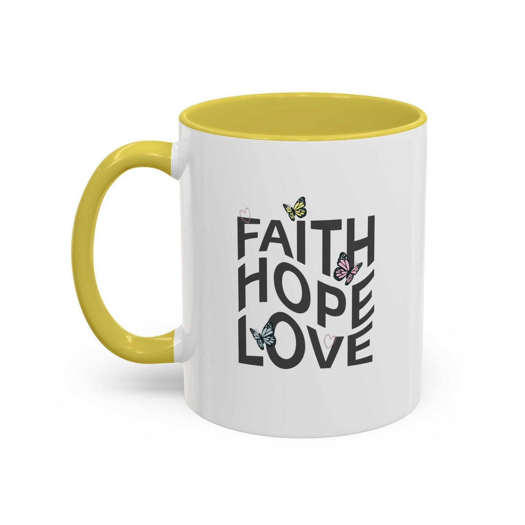 Faith Hope Love mug with yellow handle and interior, butterfly design