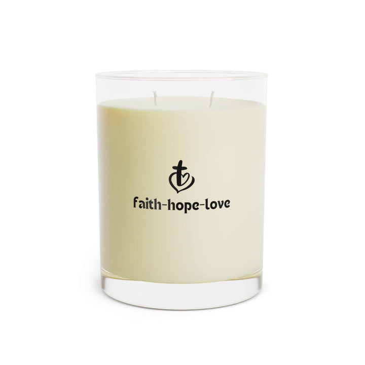 Faith Hope Love scented soy wax candle with two cotton wicks in clear glass holder