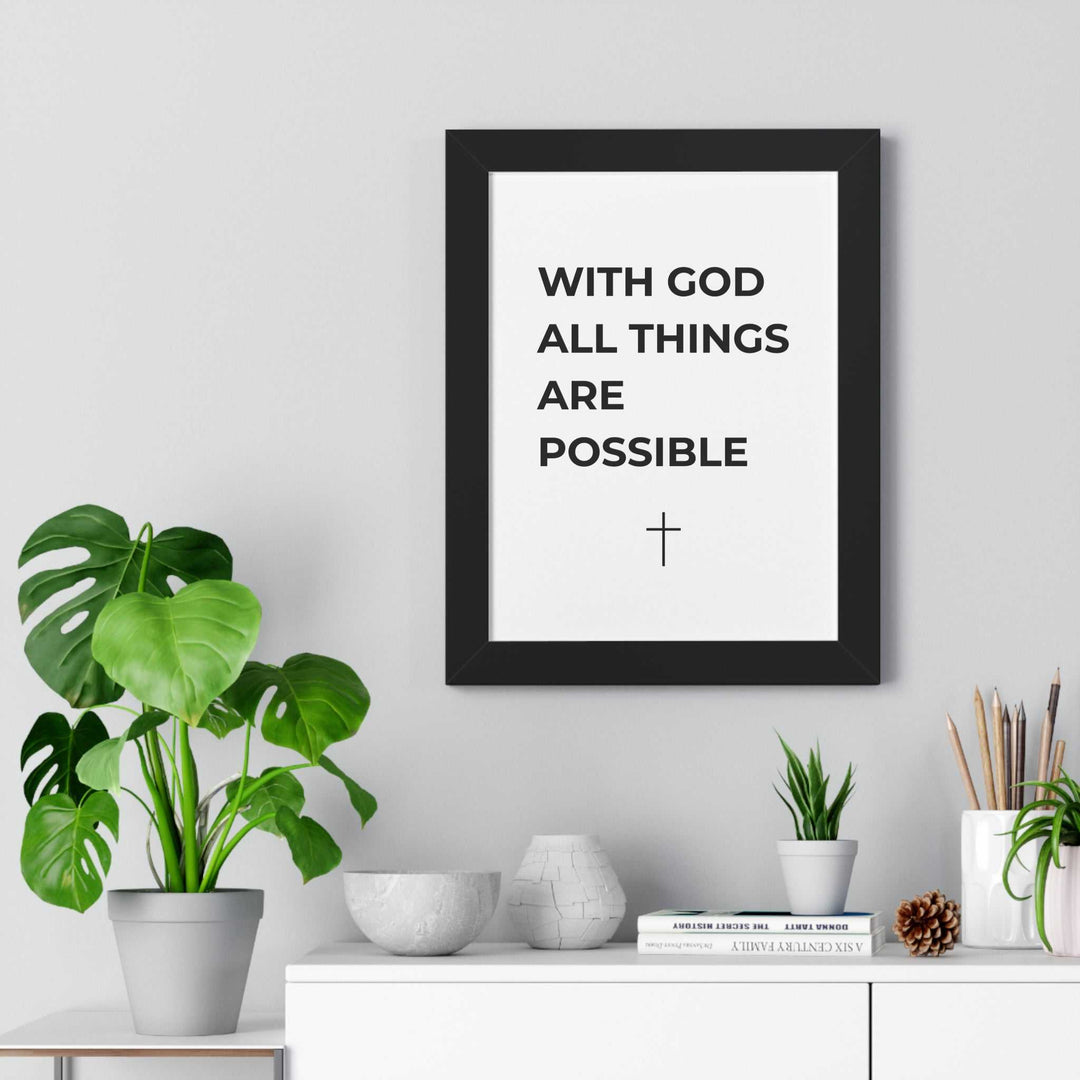 Framed Faith Makes Possible poster with motivational religious quote on wall above white shelf with plants and decor