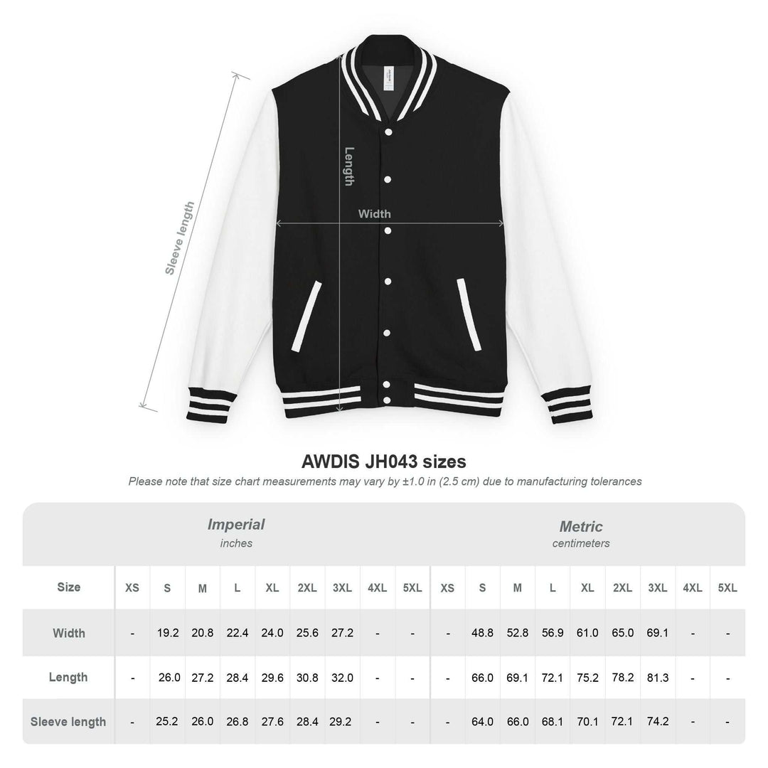 Black and white varsity style jacket with striped cuffs and collar, size chart showing measurements in inches and centimeters.