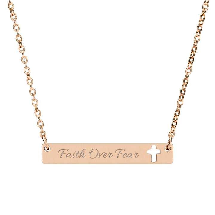 Faith Over Fear Necklace rose gold stainless steel bar with cutout cross