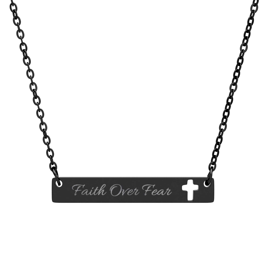 Faith Over Fear Necklace with cutout cross bar in black stainless steel