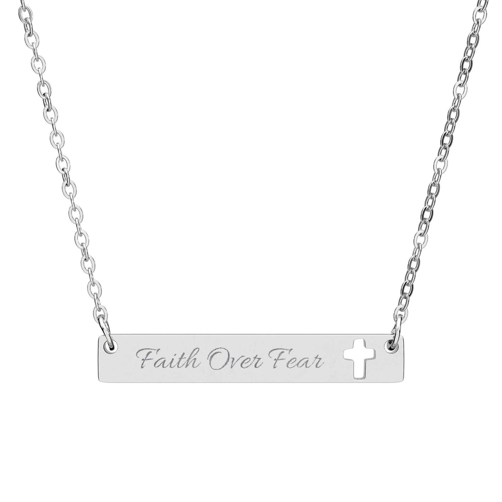 Faith Over Fear Necklace with cutout cross stainless steel bar pendant