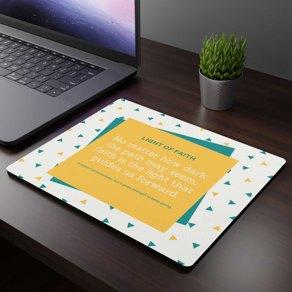 Faith-themed mouse pad with inspirational quote, white cloth top, non-slip rubber backing, 9.3x7.8 inches, for smooth and comfortable daily use