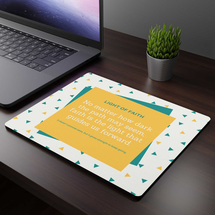Faith-themed mouse pad with inspirational quote, white cloth top, non-slip rubber backing, 9.3x7.8 inches, for smooth and comfortable daily use