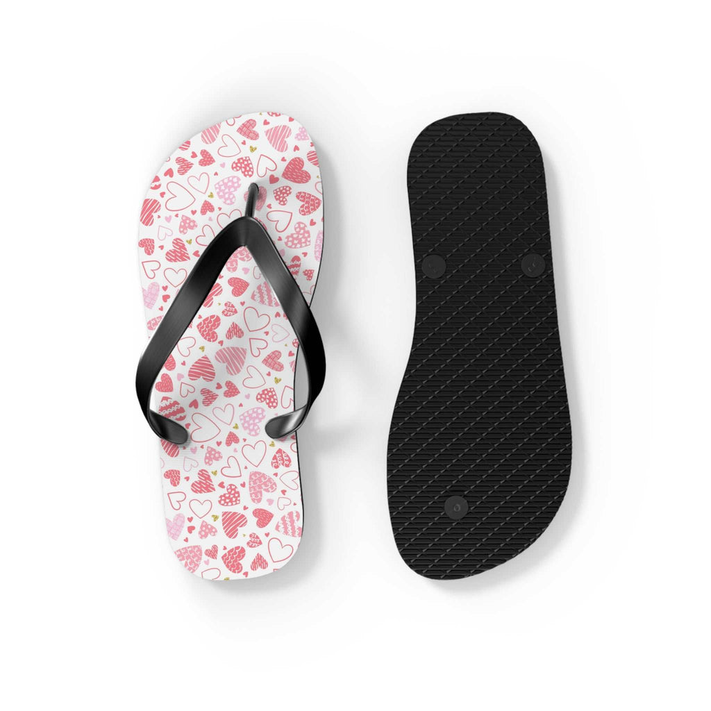 Flip flops with cushioned white sole featuring red and pink hearts design