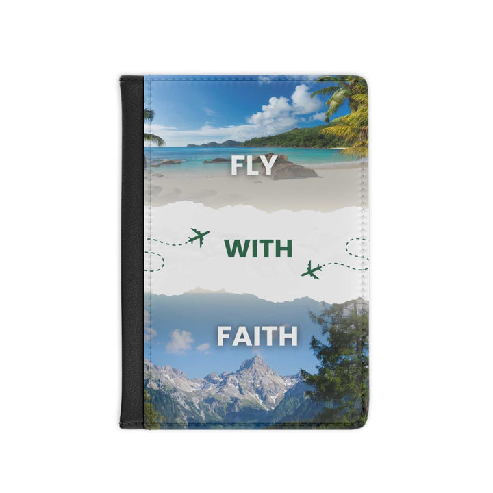 Fly with Faith passport cover in black PU faux leather with scenic front print, RFID blocking, and inner pockets for cards and boarding passes.