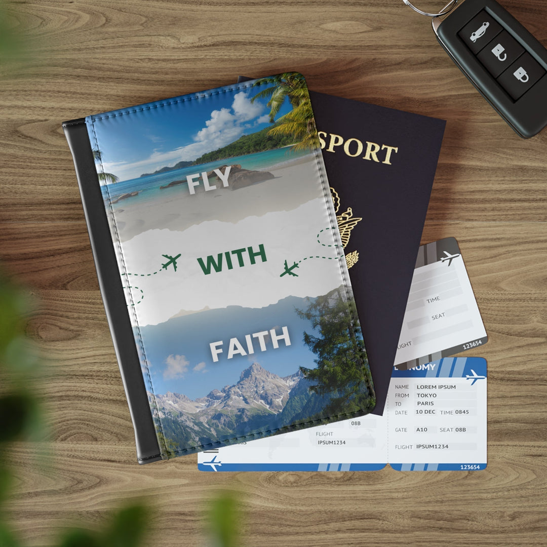 Fly with Faith Passport Cover in black PU faux leather with faith-inspired front print, RFID blocking, and inner pockets for cards and boarding passes