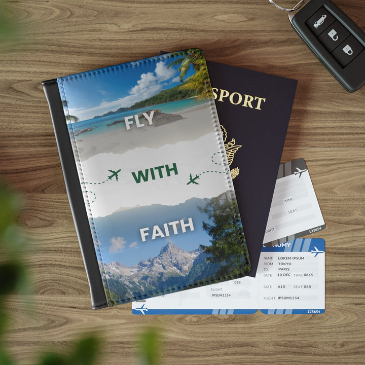Fly with Faith Passport Cover in black PU faux leather with faith-inspired front print, RFID blocking, and inner pockets for cards and boarding passes