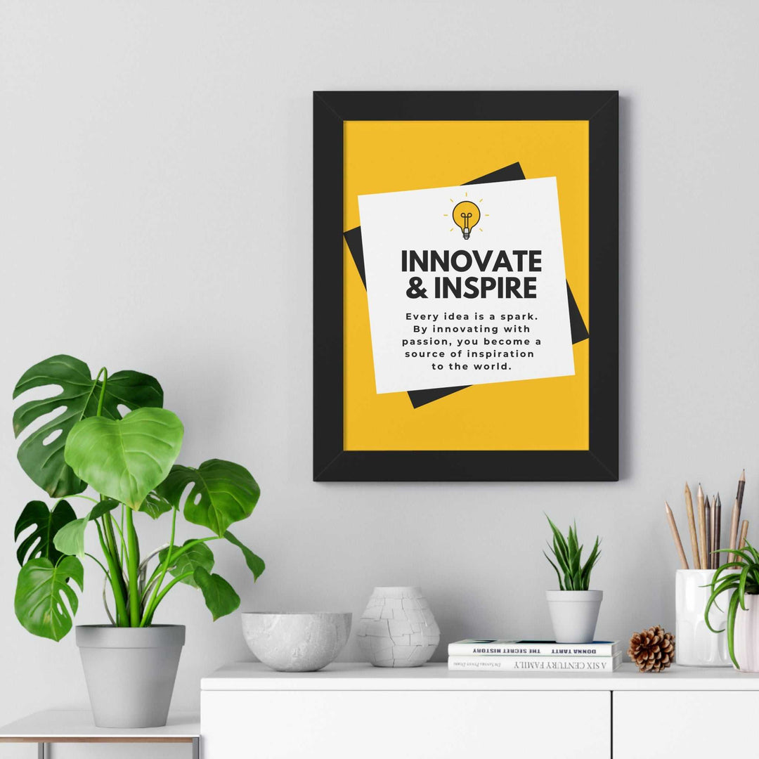 Innovate & Inspire motivational poster with bold black and yellow design framed on gray wall above white shelf with plants and decor