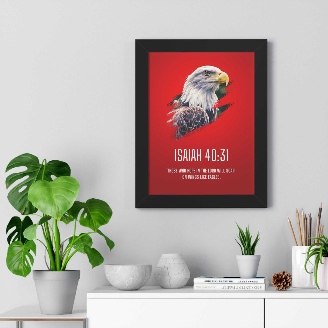 Framed Isaiah 40:31 poster with an eagle illustration on a red background