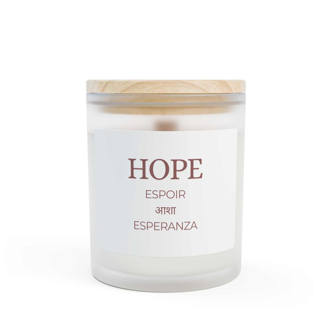 Frosted glass Hope candle with wooden lid made from coconut soy blended wax for calming ambiance
