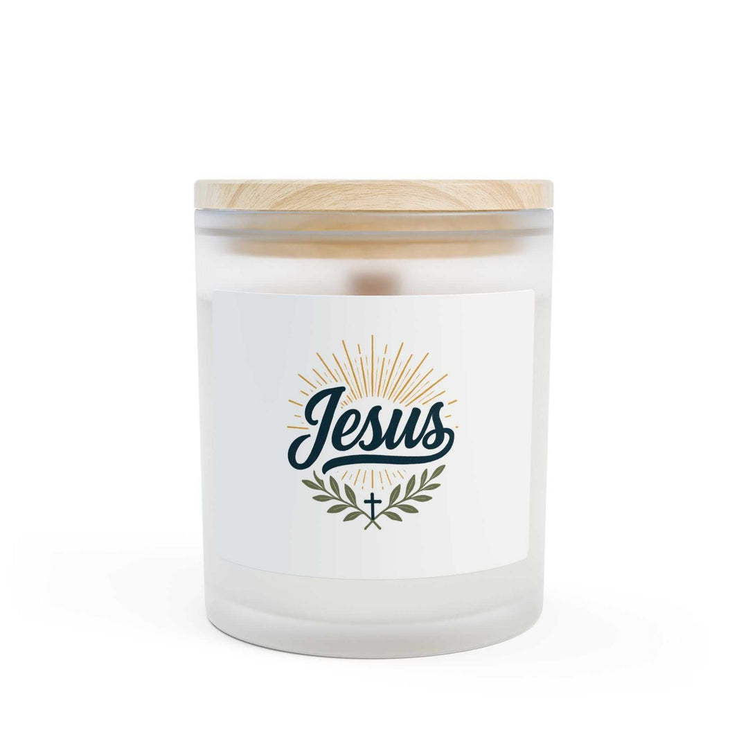 Frosted glass Jesus glass candle with wooden wick and raw maple lid