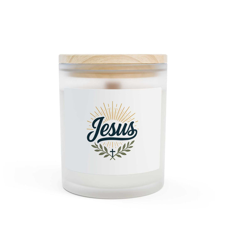 Frosted glass Jesus glass candle with wooden wick and raw maple lid