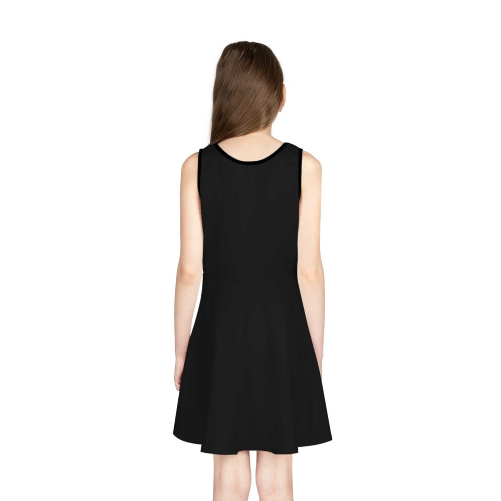 Back view of a black sleeveless sundress with A-line cut on a young girl