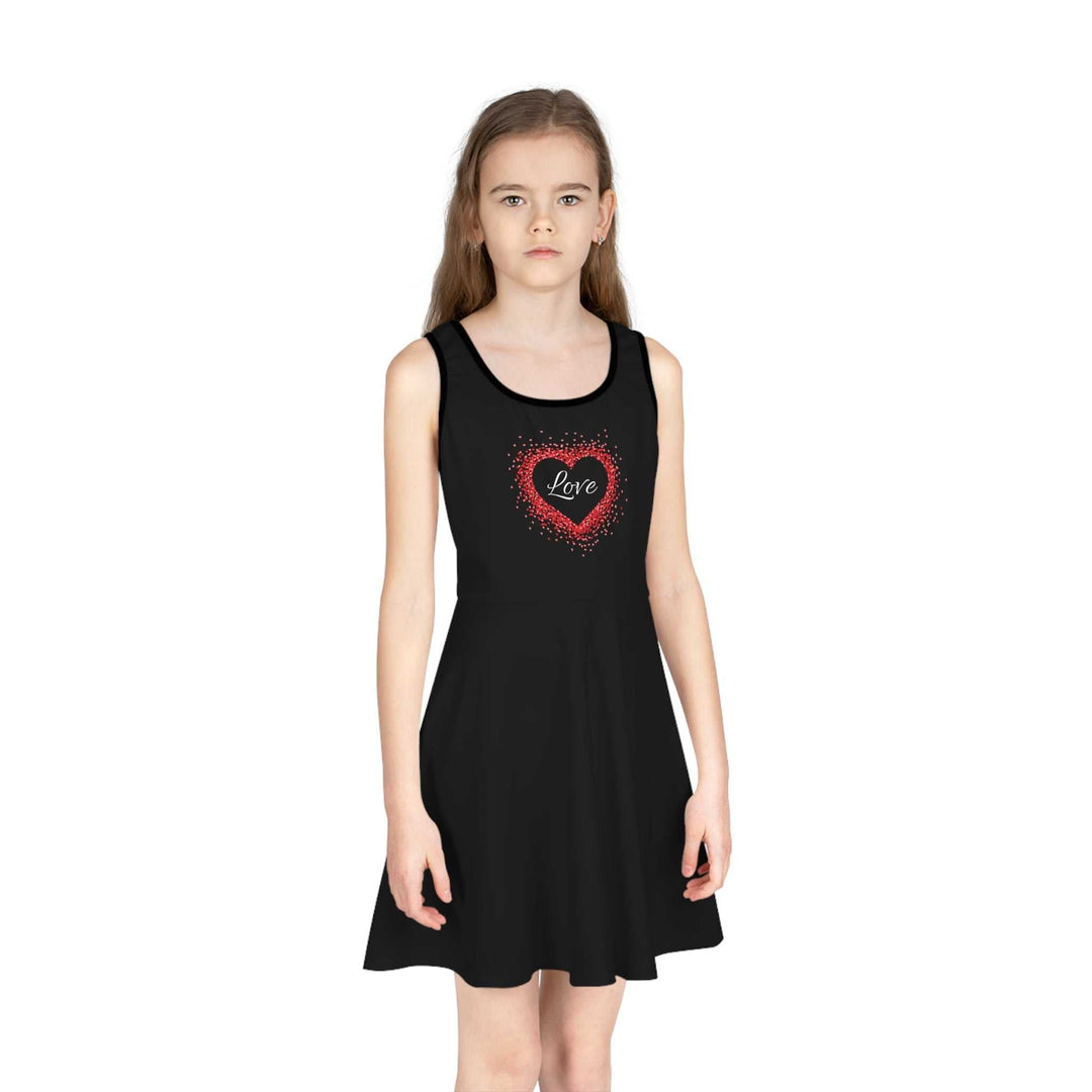 girl wearing black sleeveless sundress with red heart and love text design