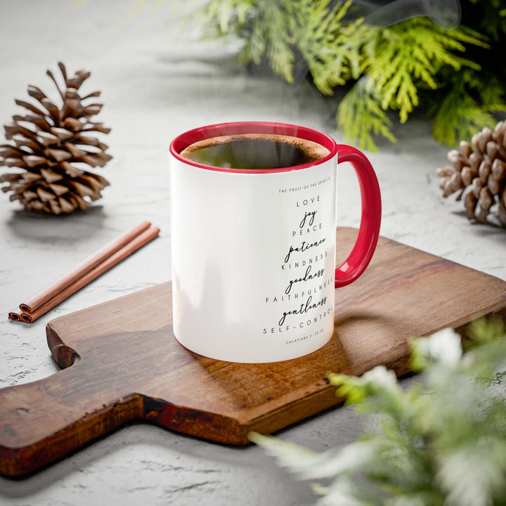 Glossy ceramic Bible quote mug with red handle and interior